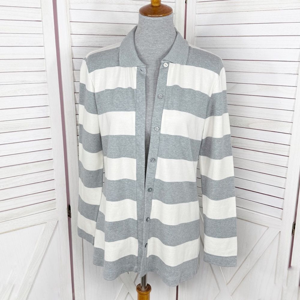 Moda International Rugby Stripes Button Front Cardigan Sweater Grey White Medium